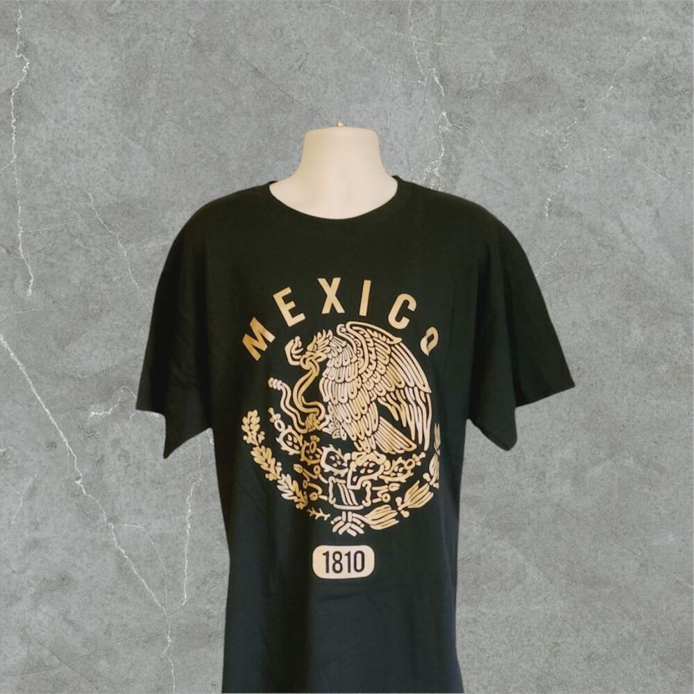 Men Casual Black T-Shirt Crew Neck Short Sleeve Mexico 1810 Print Tee Size XL